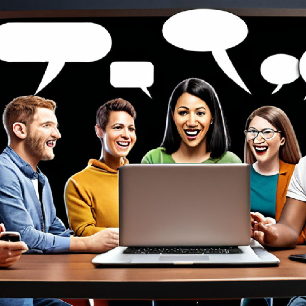 **

A diverse group of people engaged in lively online interaction. Include elements like smartphones, laptops, and social media icons. The scene should convey a sense of community, with speech bubbles representing comments and discussions. Focus on positive engagement and connection.

**
