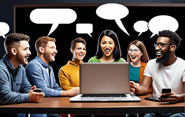 **

A diverse group of people engaged in lively online interaction. Include elements like smartphones, laptops, and social media icons. The scene should convey a sense of community, with speech bubbles representing comments and discussions. Focus on positive engagement and connection.

**