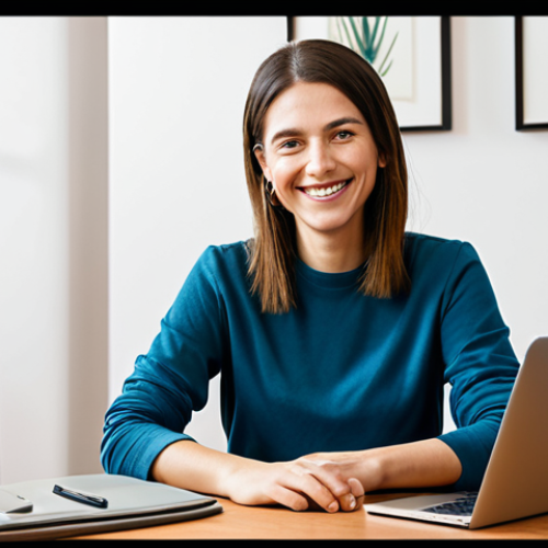A professional female content creator in a modest, smart casual outfit, seated comfortably in a bright, inviting home studio. She is smiling warmly and looking directly towards the viewer with a natural, empathetic expression, conveying a sense of genuine connection and storytelling. A softly blurred background with warm lighting, a microphone, and a laptop subtly enhance the authentic atmosphere. Fully clothed, appropriate attire, safe for work, perfect anatomy, correct proportions, natural pose, well-formed hands, proper finger count, natural body proportions, professional photography, high quality, family-friendly, appropriate content.