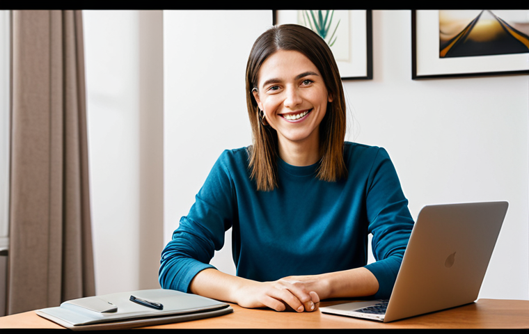 A professional female content creator in a modest, smart casual outfit, seated comfortably in a bright, inviting home studio. She is smiling warmly and looking directly towards the viewer with a natural, empathetic expression, conveying a sense of genuine connection and storytelling. A softly blurred background with warm lighting, a microphone, and a laptop subtly enhance the authentic atmosphere. Fully clothed, appropriate attire, safe for work, perfect anatomy, correct proportions, natural pose, well-formed hands, proper finger count, natural body proportions, professional photography, high quality, family-friendly, appropriate content.