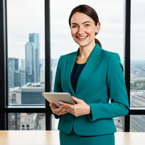 **

A professional businesswoman in a modest teal suit, standing confidently in a bright, modern office. Large windows overlook a bustling cityscape. She is holding a tablet and smiling warmly. Fully clothed, appropriate attire, safe for work, perfect anatomy, natural proportions, professional photography, high quality, modest.

**