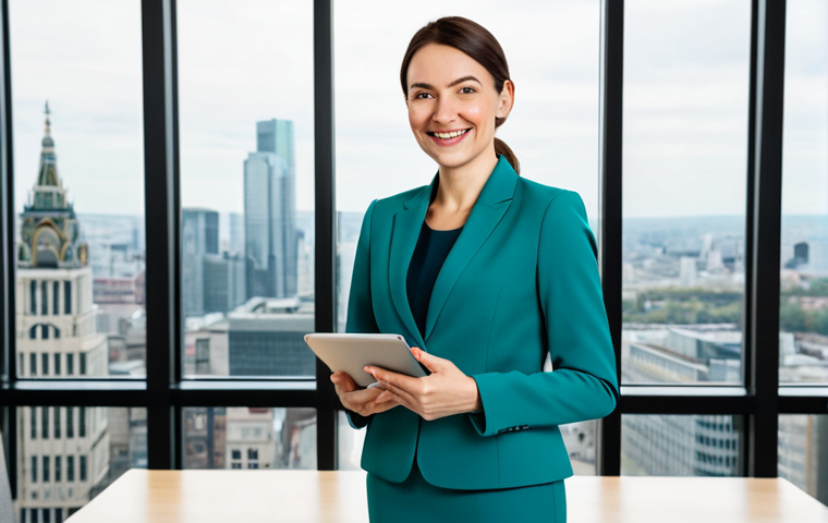 **

A professional businesswoman in a modest teal suit, standing confidently in a bright, modern office. Large windows overlook a bustling cityscape. She is holding a tablet and smiling warmly. Fully clothed, appropriate attire, safe for work, perfect anatomy, natural proportions, professional photography, high quality, modest.

**